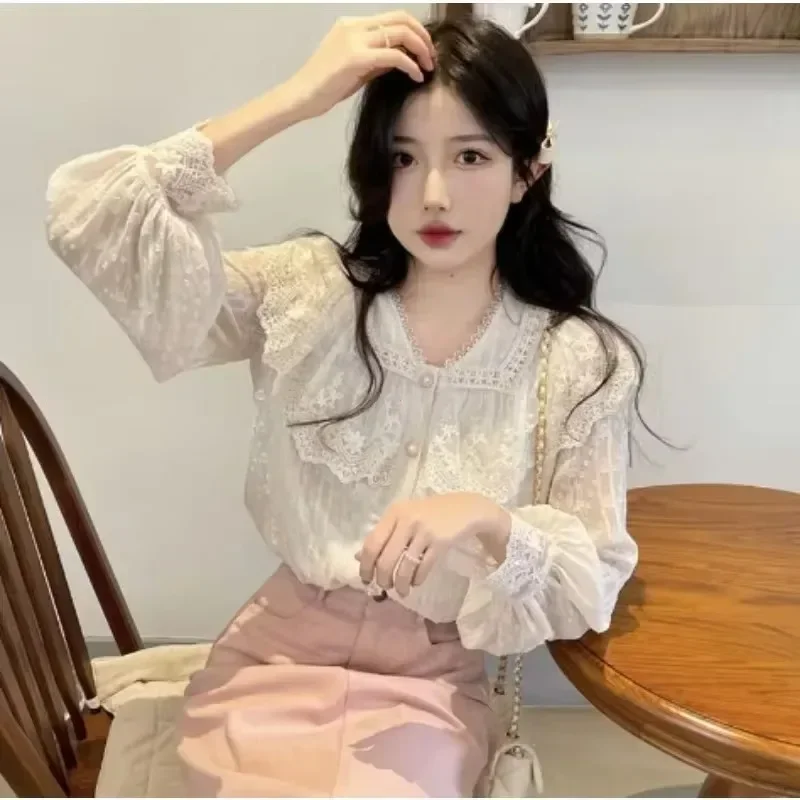 قمصان النساء الفرنسية خمر الدانتيل لوليتا أنيقة طويلة الأكمام انتفض بلوزة عالية الجودة مكتب سيدة موضة جديدة شيك الإناث القمم