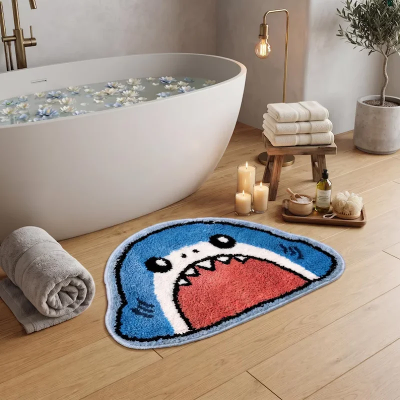 VIKAMA Cute Cartoon Animal Head Floor Mat Shark Cat Bear Panda Cow Tiger Fluffy Non Slip Rug Bathroom Bedroom Home Decor
