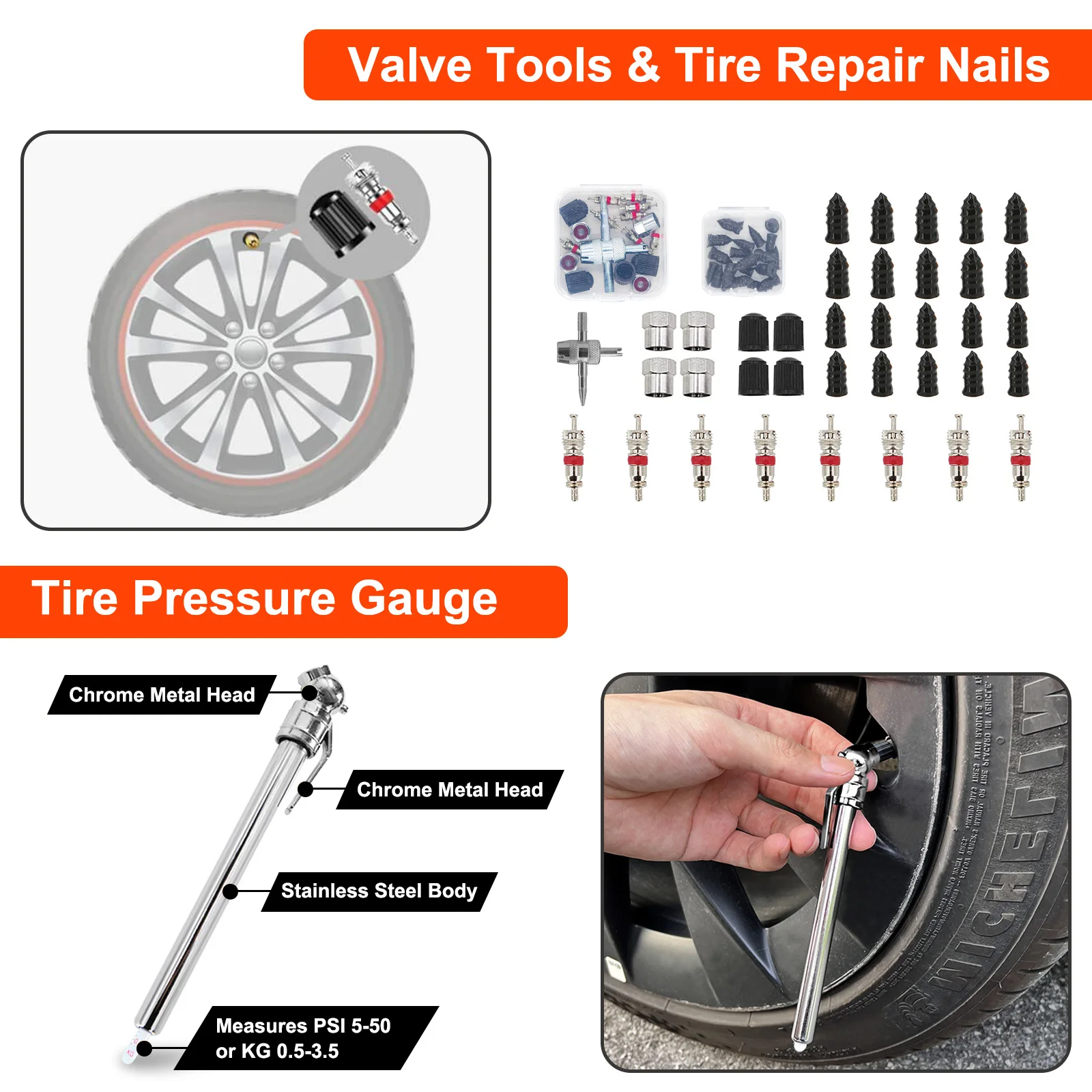 URMECCH Car Tire Repair Kit With Telescoping Magnet Flashlight Pickup Tool 15-In-1 Multi-tool Pliers Tire Pressure Gauge Plugs