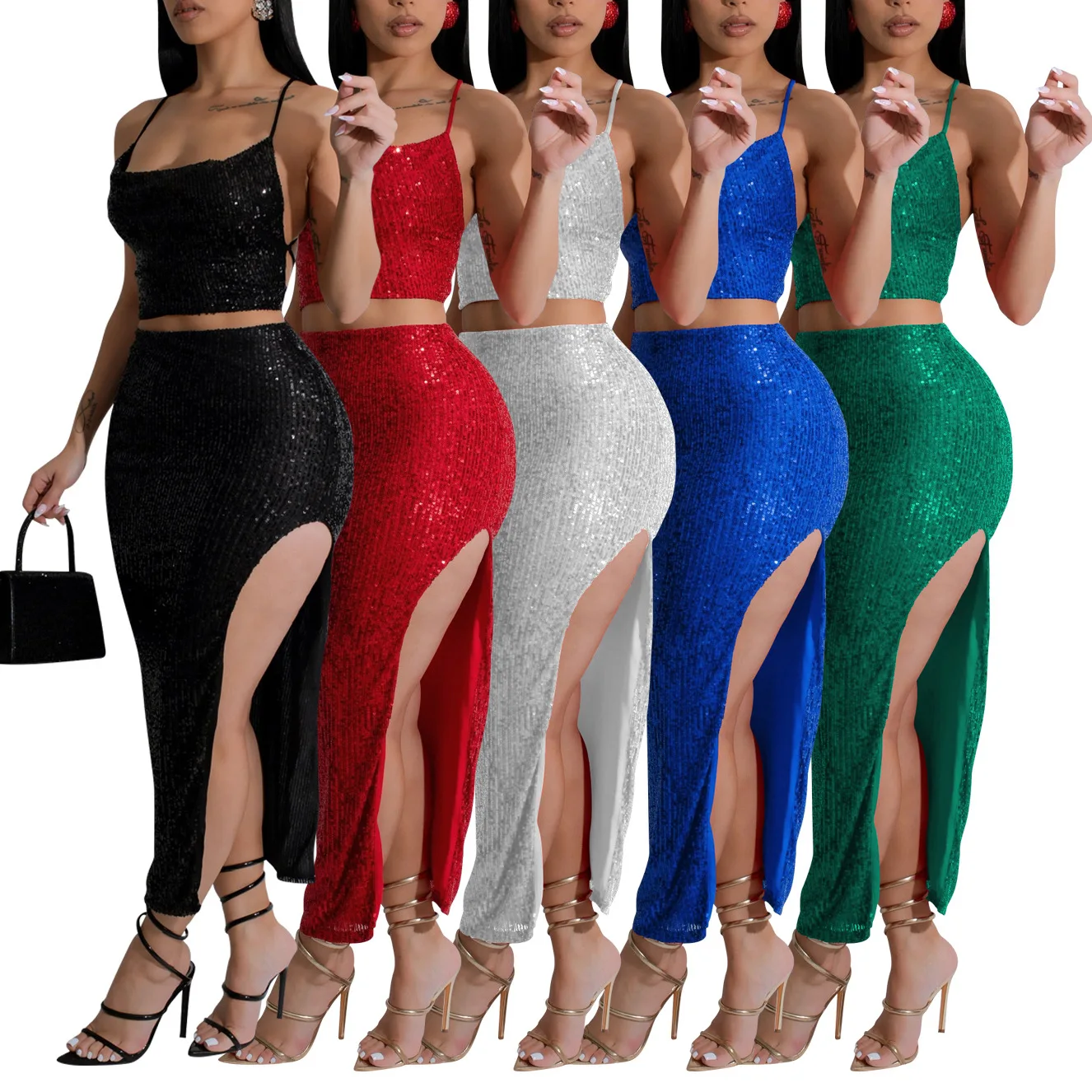 

Women's Sequin Two Piece Set Sexy Spaghetti Strap Backless Drawsring Top and High Waisted Side Split Maxi Skirt