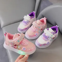 Disney LED Casual Sneakers per ragazze primaverili Frozen Elsa Princess scarpe in pelle bambini illuminati antiscivolo rosa viola taglia 21-30