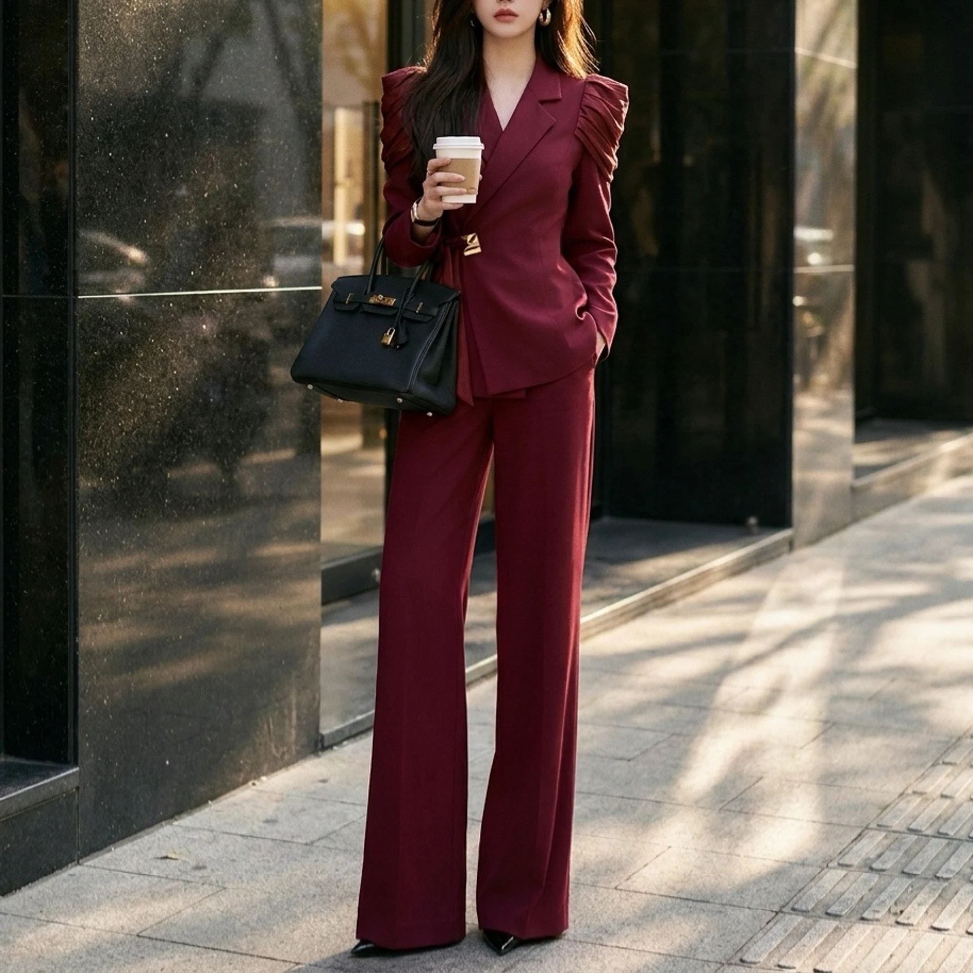 Elegant Women Blazer Suit Set Ruched Padded Shoulder Blazer Jacket+ High Waist Wide Leg Pants Office Lady  Outfits DM3CSE023