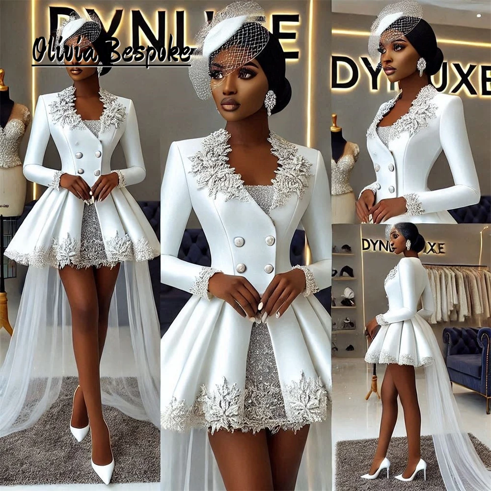 

Elegant White Long Sleeves Aso Ebi Short Wedding Dresses For Brides 2025 Applique African Bridal Gowns With Train Customized