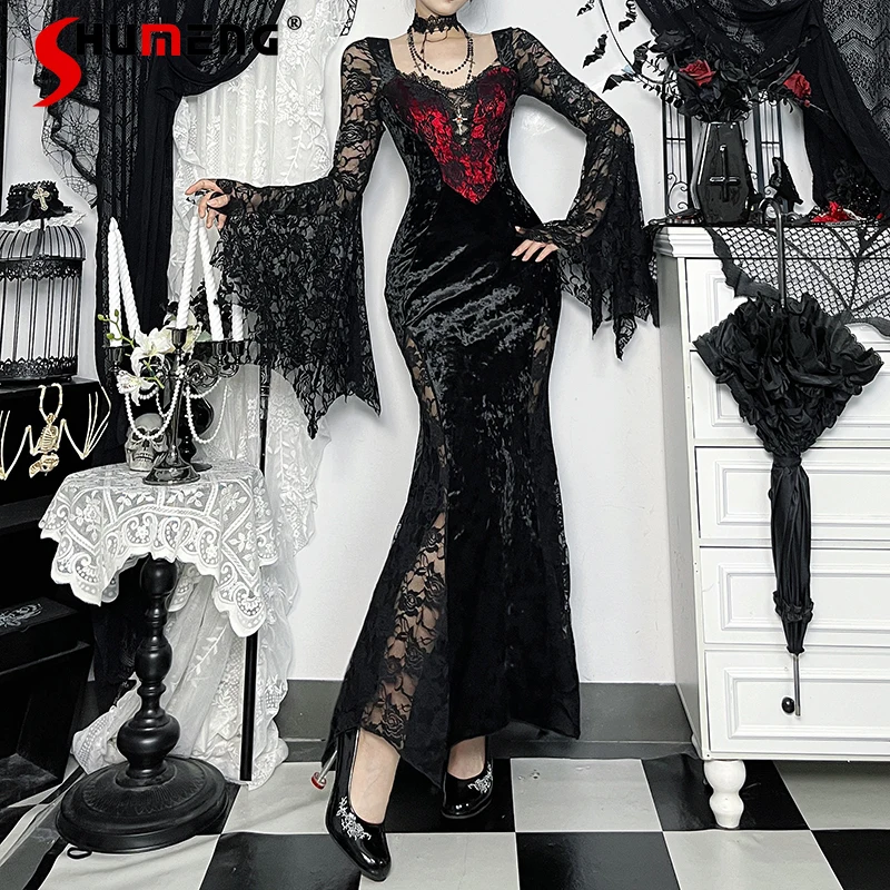 

Japanese Lolita Halloween Dark Gothic Lace Dresses Duchess Cosplay Outfit French Style Long Slim Fit High-waisted Dress Ladies