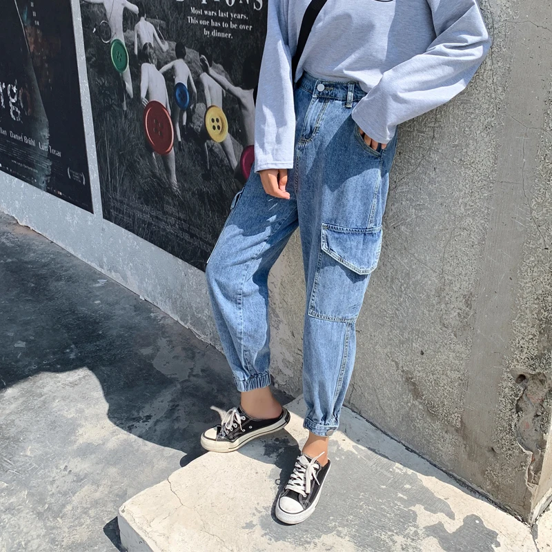 2022 New Fashion Women Jeans Korean Style Cargo Pants Big Packet High Quality Casual Denim Pants Female Streetwear