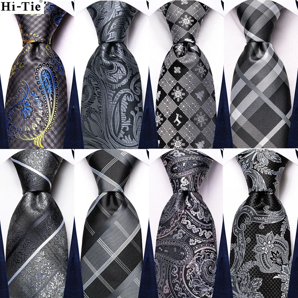 

Silk Necktie For Men White Grey Plaid Hanky Cufflink Set Wedding Party Business Men Tie Fashion Brand Hi-Tie 2022 New Mens Tie