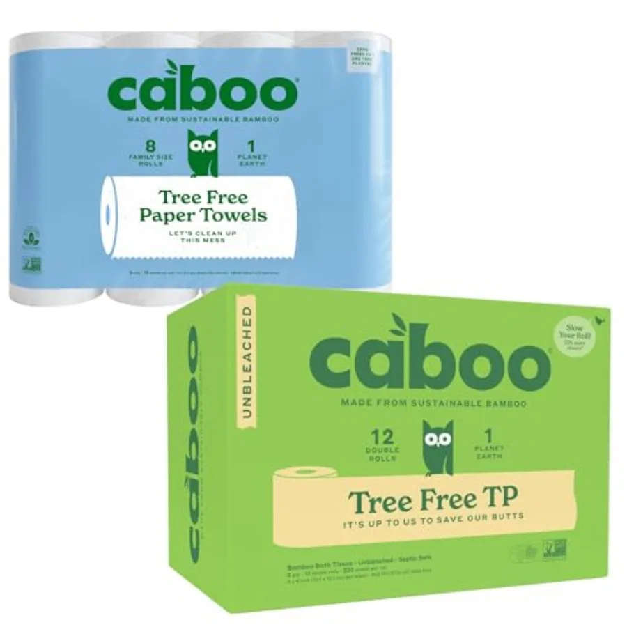

Caboo Paper Towels 8 Pack + Unbleached Toilet Paper 12 Pack Bundle - Natural Bamboo Based Paper Products - Sustainable Alternat