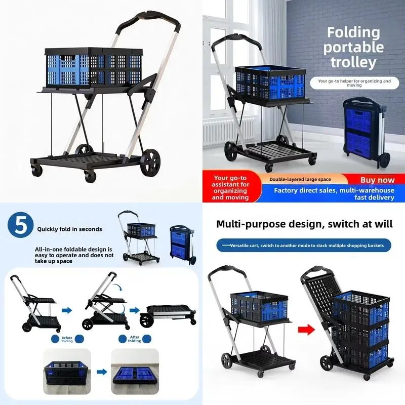 Foldable Double Layer Plastic Storage Cart Portable Design for Office and Warehouse Use