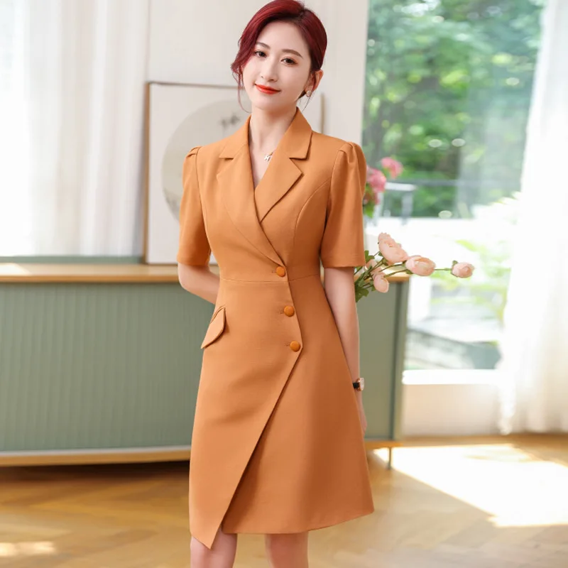 High Quality Fabric Irregular Novelty Office Work Wear Dresses Women Summer Short Sleeve Professional OL Styles Vestidos Tops