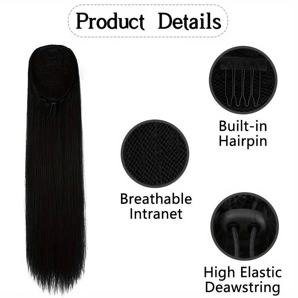28-Inch Long Straight Ponytail Synthetic Extension for Women Drawstring Heat-Resistant Easy Styling Fit,Halloween Christmas