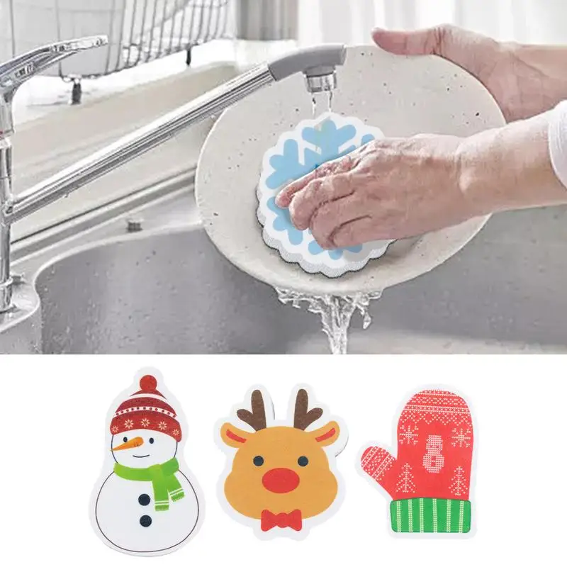 Christmas Cleaning Sponges Rubs Cartoon Santa Snowman Style Wood Pulp Sponge Brushes Household Kitchen Cleaning Tools Xmas Decor