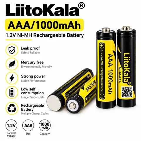 LiitoKala Ni-10/AAA 1000mAh Rechargeable Batteries 1.2V Ni-MH AAA Battery for Garage Door Remote Toys Mouse LED Flashlight