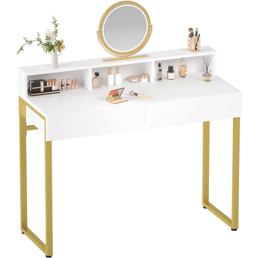 Vanity Desk with 2 Drawers,39.4 inch Small White Desk with 3 Storage Spaces,Modern Home Office Computer Writing Desk