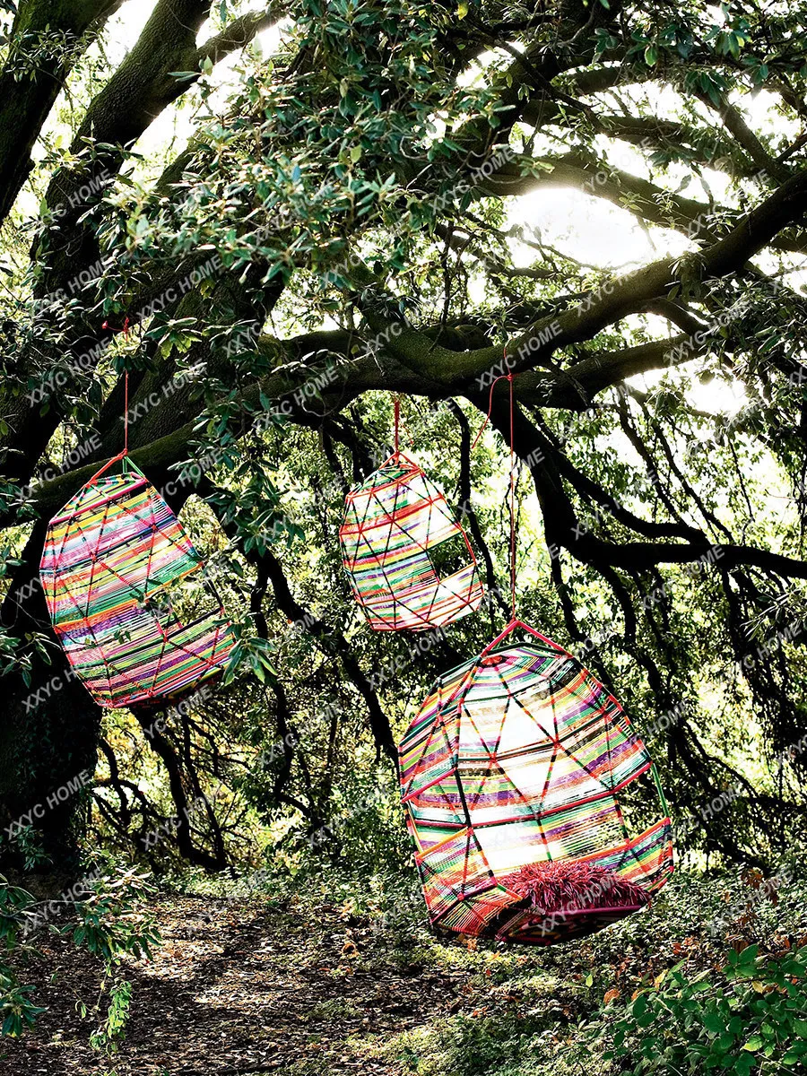 Trendy Colorful Hanging Basket Outdoor Bird's Nest Rattan Chair Rainbow Rocking Chair Hanging Blue Swing Home Hammock Indoor Bal