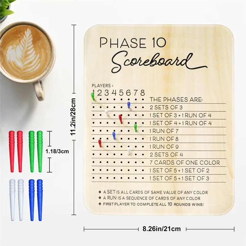 Tabellone segnapunti CYGJ-Phase 10 in legno, per giochi da tavolo per adulti per feste per giochi di carte con 8 picchetti colorati, tabellone segnapunti fase 10