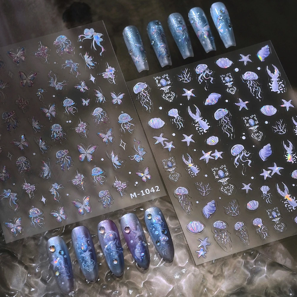 

Sparkling Mermaid Tail Conch Shell Jellyfish Starfish Coral Butterfly Flowers Nail Art Stickers Summer Ocean Manicure Decals