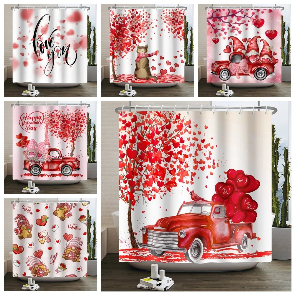 Valentines Day Shower Curtain Spring Romantic Red Love Heart Flower Gnome Couple Pink Truck Balloons Waterproof Bathroom Curtain