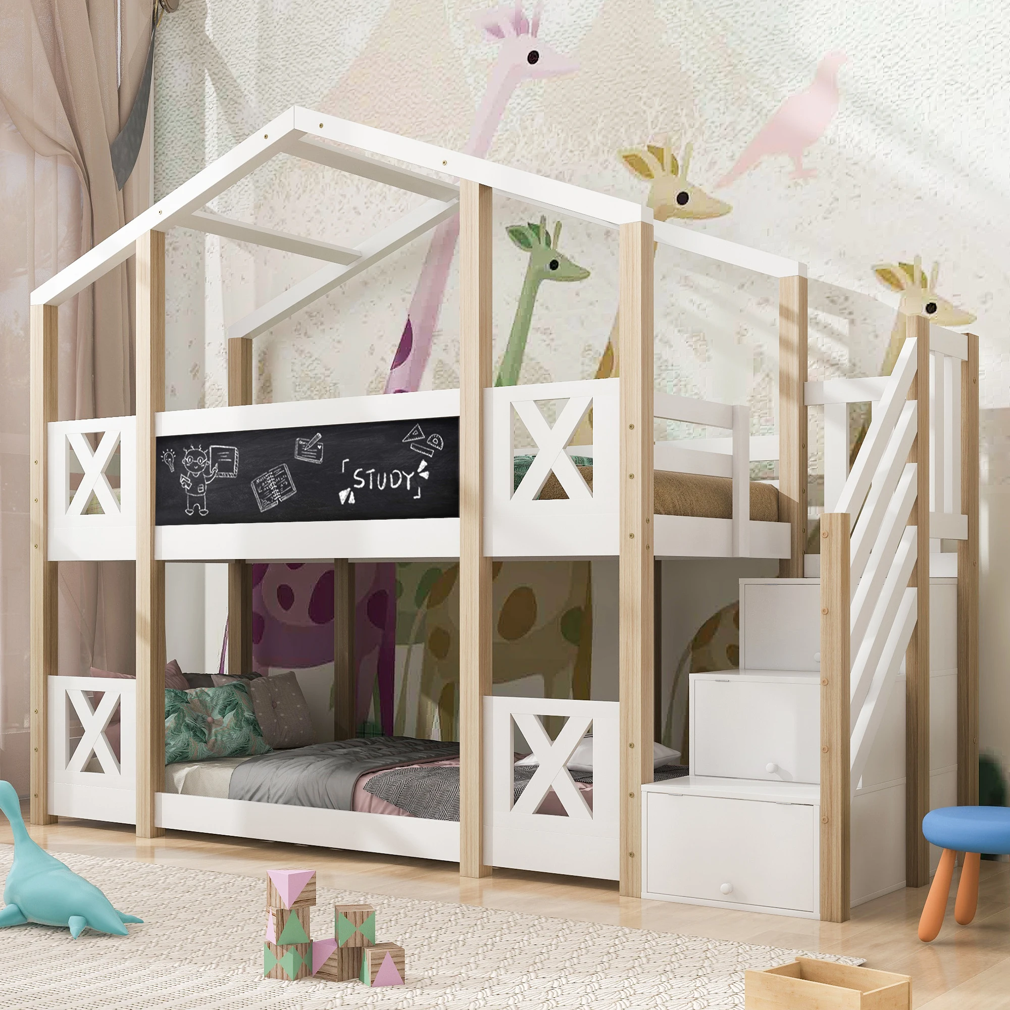 KOMHTOM 90x200 cm lit superposé enfant type cabane dans les arbres, design nature et blanc, avec escalier stable et espace de rangement intégré, protection antichute périphérique sécurisée