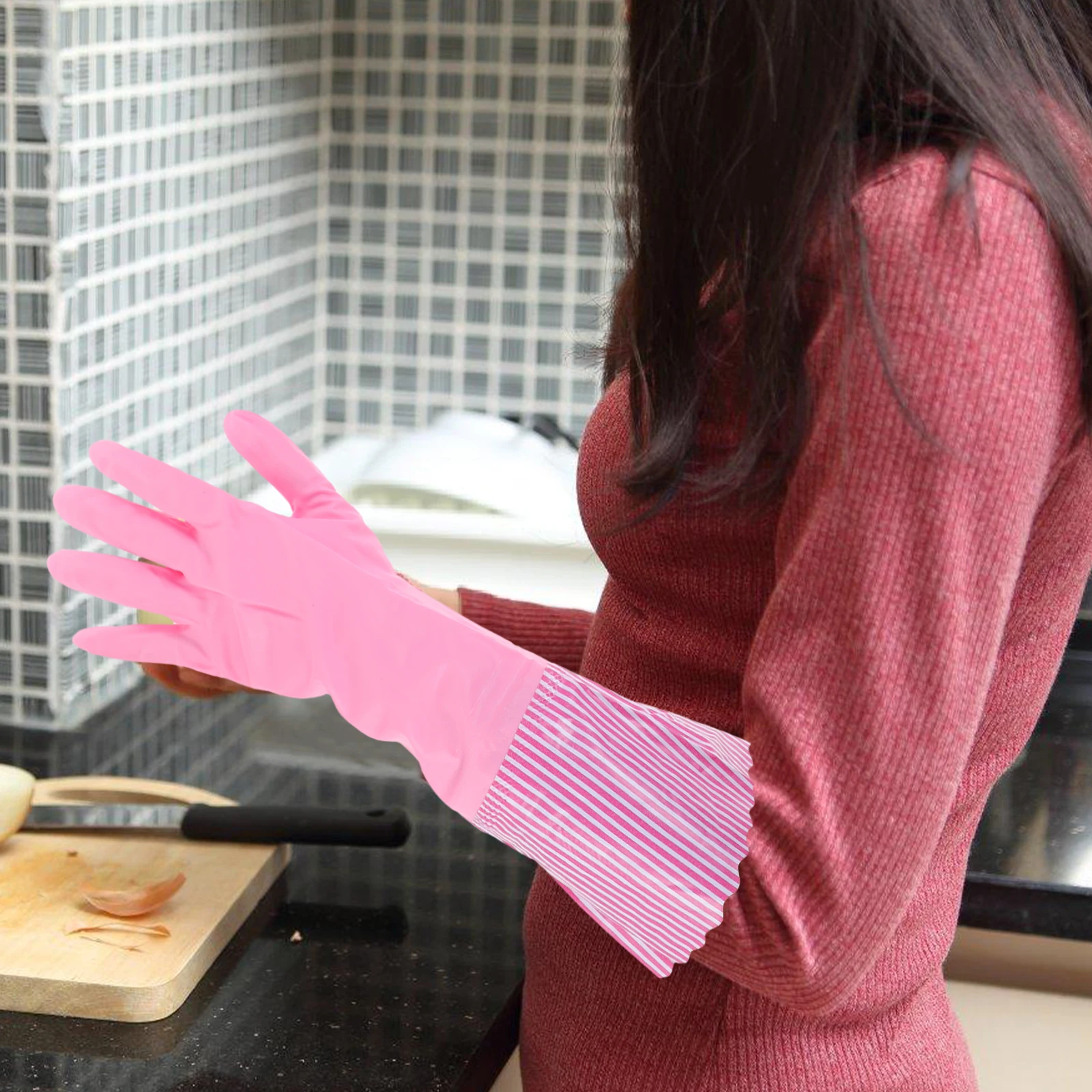 

3 Pairs Thickened Waterproof Gloves for Kitchen Cleaning Large PVC R om Color Long Cuff Anti Oil Stain Durable Practical