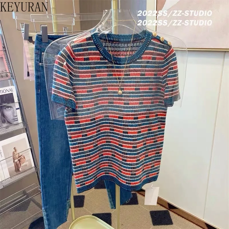 2023 New Summer Striped Short-sleeved Sweater Women's Knitted T Shirts Ins Korean Style Crew Neck Knitwear Top Female