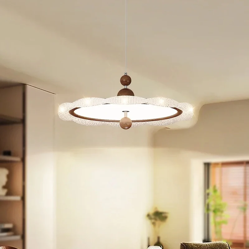 Nordic Modern Pendant Light - Walnut Wood Grain LED Chandelier, Dimmable for Dining Table Living Room Bedroom Kitchen Lighting