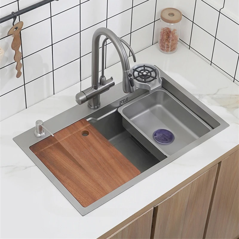 Nano Gray Kitchen Sink Handmade Large Single-slot 304 Stainless Steel Washbasin Bar Basin Household Kitchen s Accessories