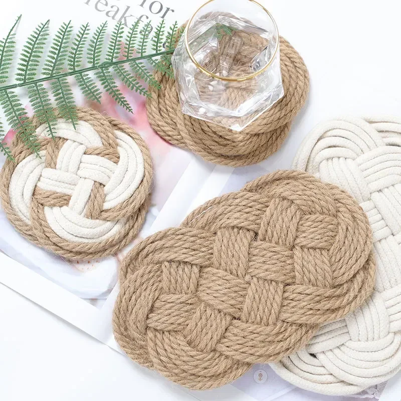 Round Handmade Woven Cotton Thread Jute Table Mat Cotton Braid Mug Cup Coaster Insulation Placemat Kitchen Home Table Decor Mats