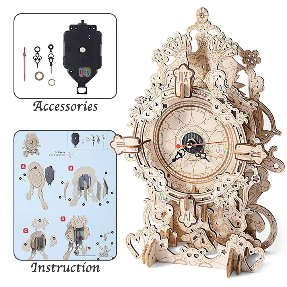 URY 3D Wooden Puzzle Retro Wall Clock Mechanical Model Building Luxurious Style Pendulum Assembly Home Decoration for Kids Gifts