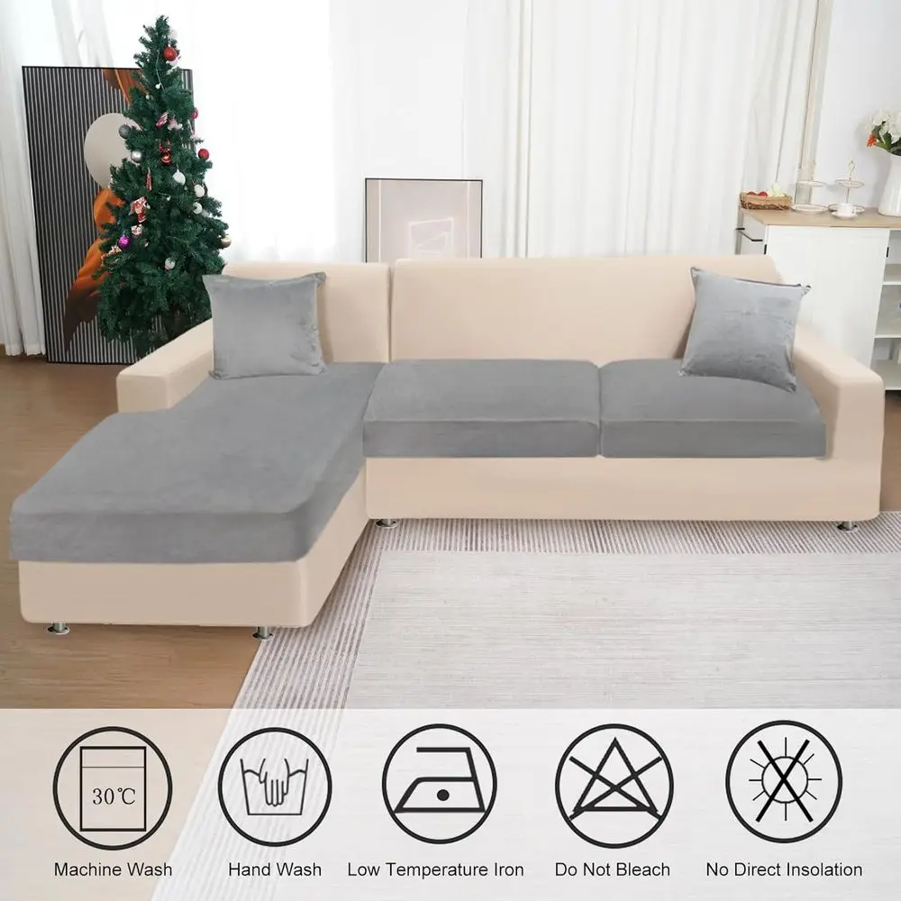 3-Piece Velvet Sofa Cover Set for L-Shape Couch with 2 Pillowcases, Light Grey (2 Seater + Chaise)