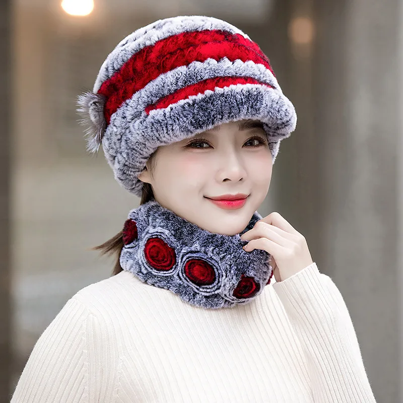 New Women Winter Knit Real Rex Rabbit Fur Hat Scarf Sets Natural Warm Fur Cap Scarves 2 Pieces Girl Quality Real Fur Hat Muffler