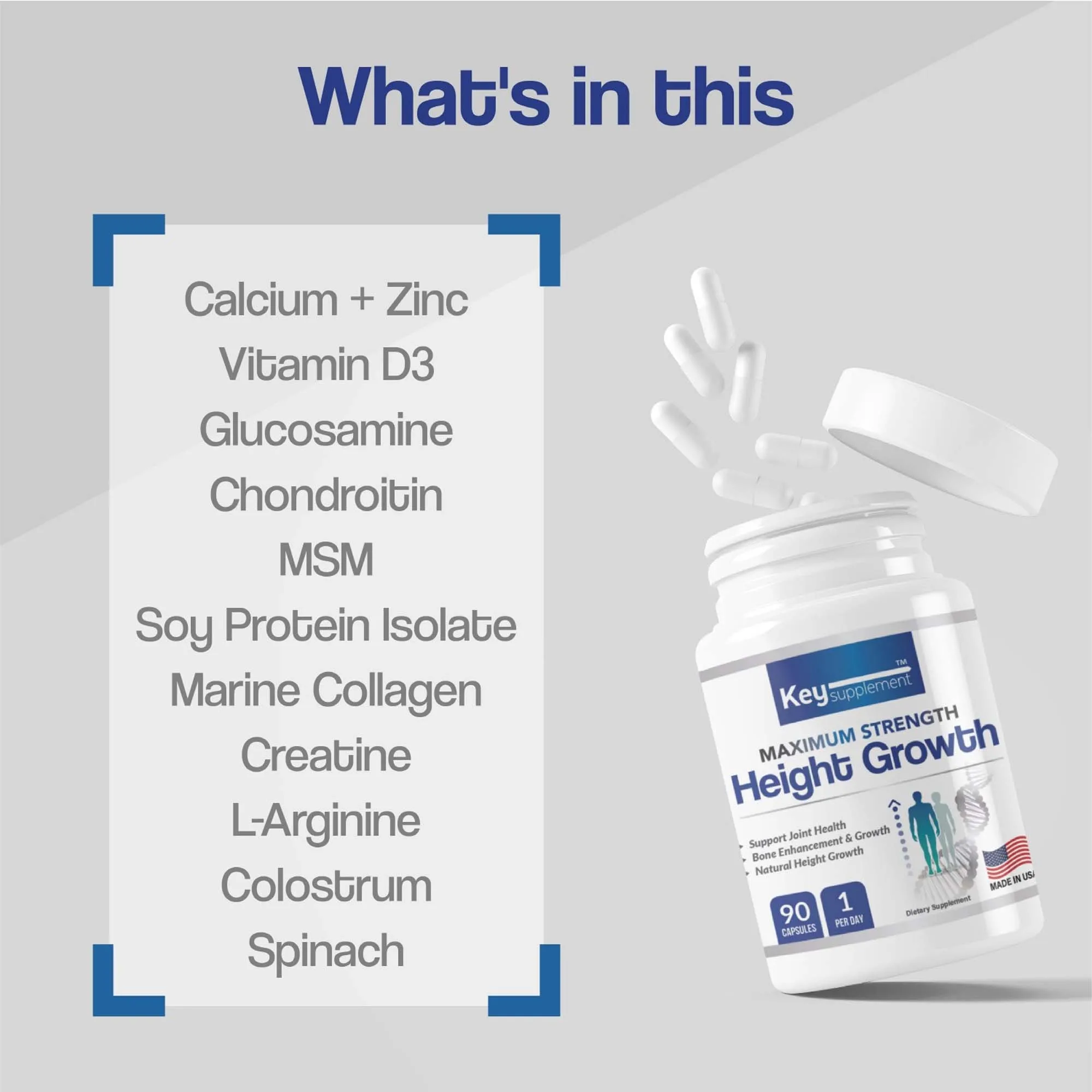 Suppléments de croissance en hauteur - Contient la vitamine D3, qui aide à augmenter la hauteur, à améliorer la densité osseuse et favoriser l'absorption