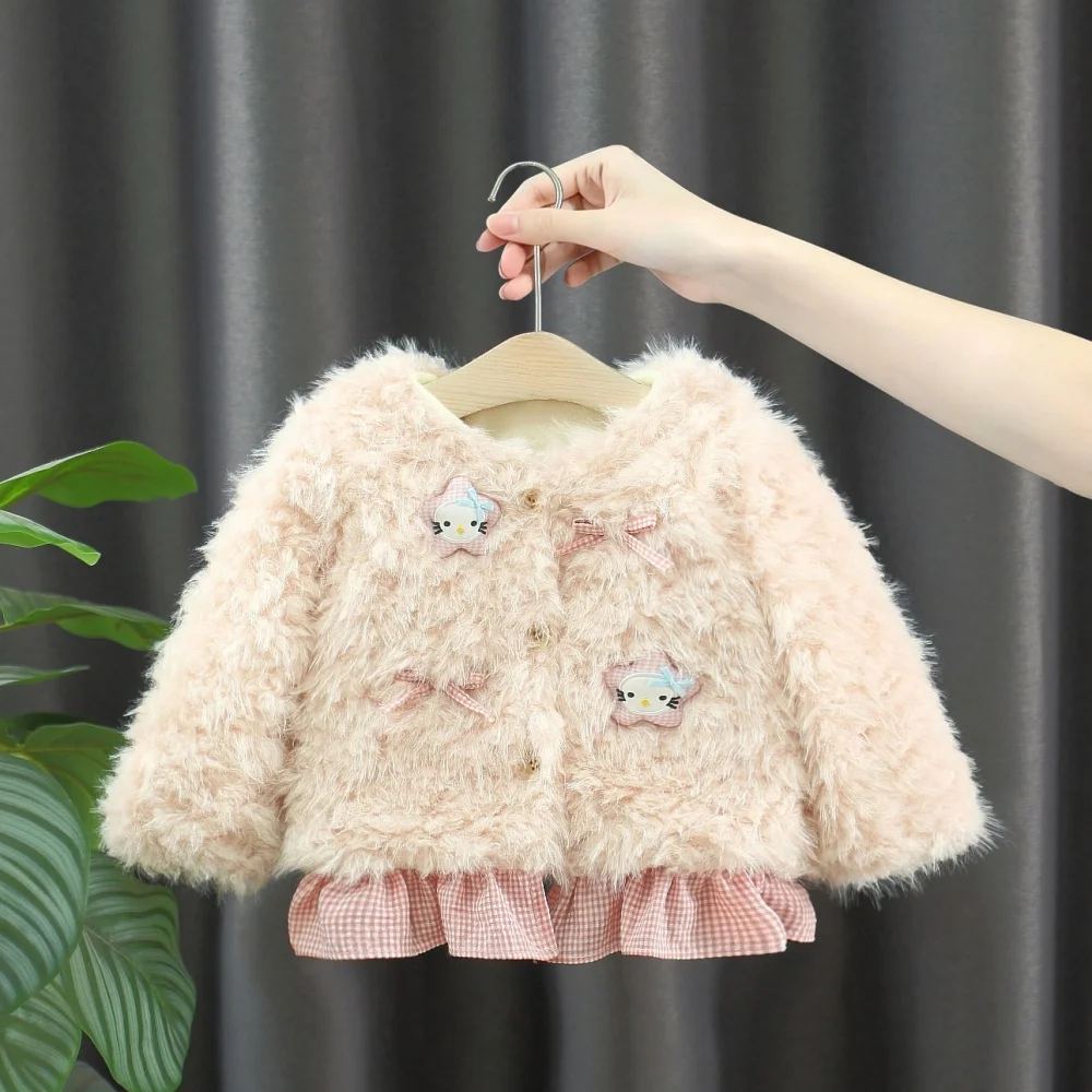 Baby Girl Coat Autumn And Winter Cotton Bow Plaid Long Sleeved Baby Girl Jacket Cartoon Plus Velvet Girl Tops Baby Clothing