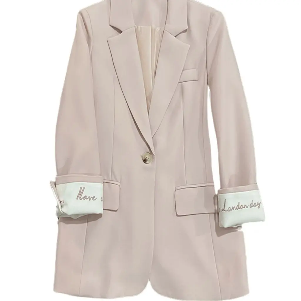 Dames lichtroze geborduurd colbert Koreaanse stijl mode één knop trendy kleine heren lente herfst nieuw