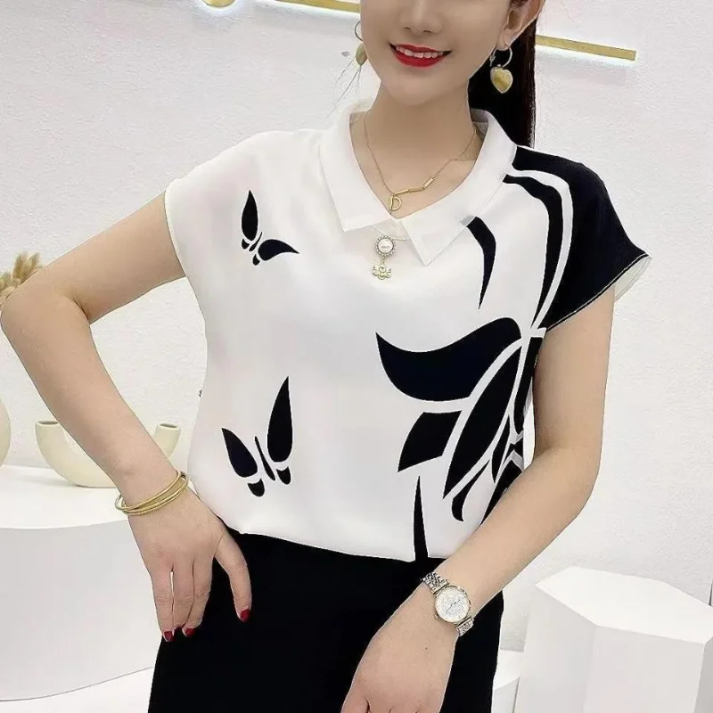 Korean Simple Fashion Summer T-Shirts Women\'s Solid Print Peter Pan Collar Patchwork Pearls Temperament Loose Short Sleeved Tops