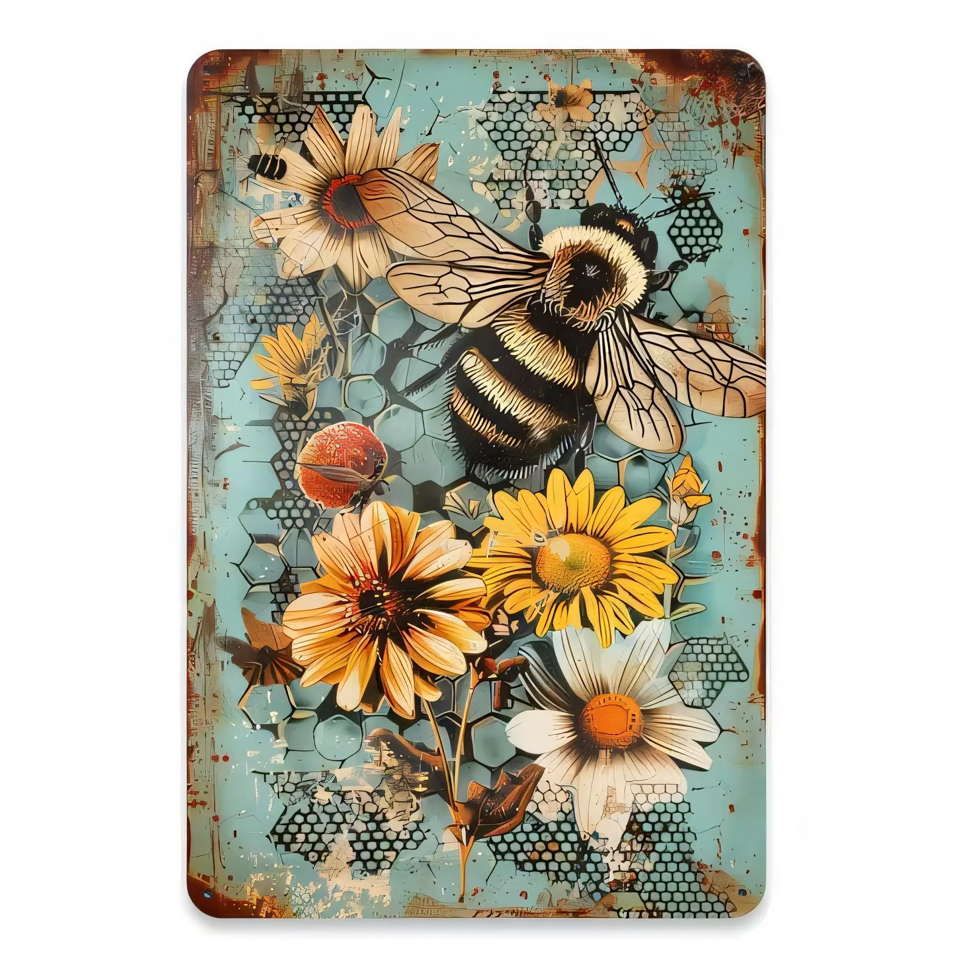 Vintage Bee and Sunflower Tin Sign, Floral Rustic Metal Wall Art Plaque for Home Bar Cafe Garden Decor, Retro Grunge Style Cotta