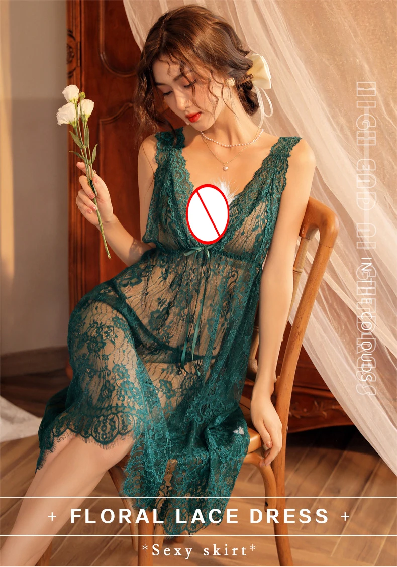 مثير العميق الخامس الرقبة منامة المرأة الدانتيل إغراء باس النوم منظور شبكة منامة مجموعة