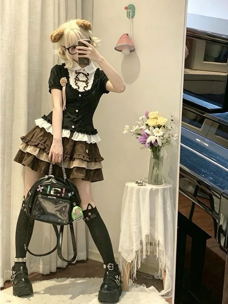 

Japan Style Kawaii 2 Piece Skirt Set Women 2000s Harajuku Vintage Sweet Suits Lolita Short Sleeve + Mini Skirts Y2k Matching Set