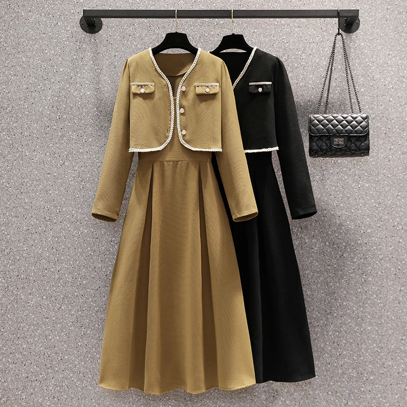 2024 Autumn Winter Black Korean Vintage Hepburn Two Piece Sets Women Long Sleeve Top Coat+Sexy Midi Sling Dress Two Piece Sets