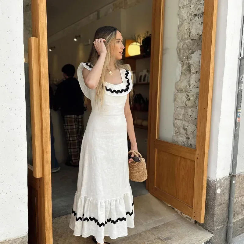 

Elegant Contrasting Square Neck Ruffle Long Dress Women Fashion Backless Sleeveless Slim Vestidos 2024 Female Party Street Robes