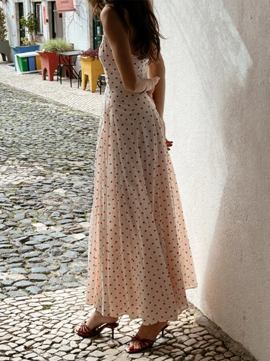 Abito estivo lungo da donna con stampa floreale a pois senza maniche con cinturino per spaghetti