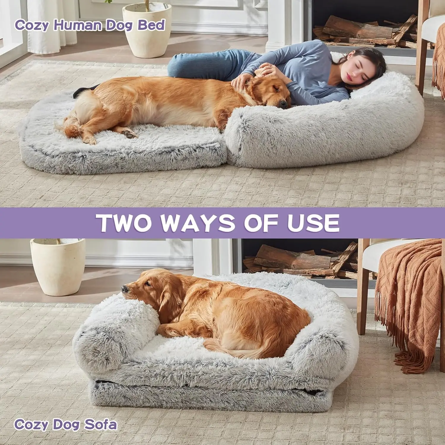 Orthopedic Dog Bed with Non-Slip Bottom & Washable Removable Cover Foldable Human Dog Bed with Memory Foam Plush Soft Cat Bed