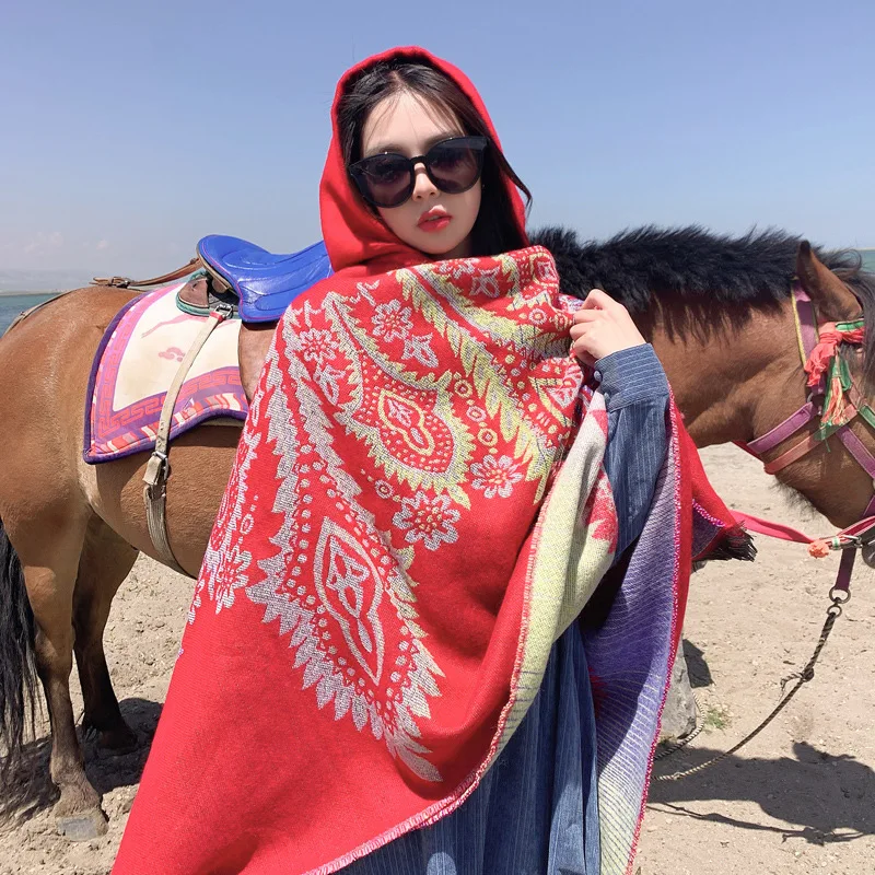 2026 New European Burgundy Jacquard Hooded Cape Shawl, Women Vintage Loose Warm Outer Cloak