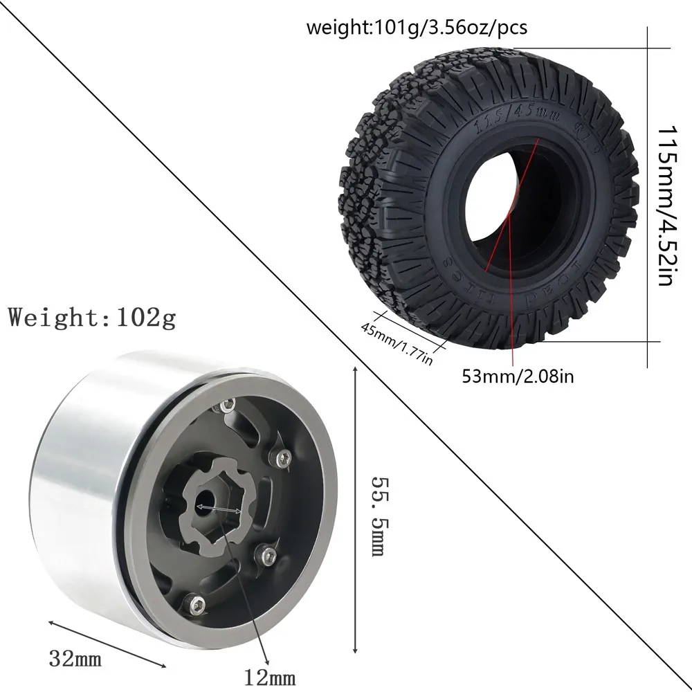 1,9-calowe 115 mm gumowe opony + metalowa piasta koła do gąsienic 1/10 Rc Traxxas Trx4 Trx6 Axial Scx10 90046 Redcat Yikong Rc4wd Rgt