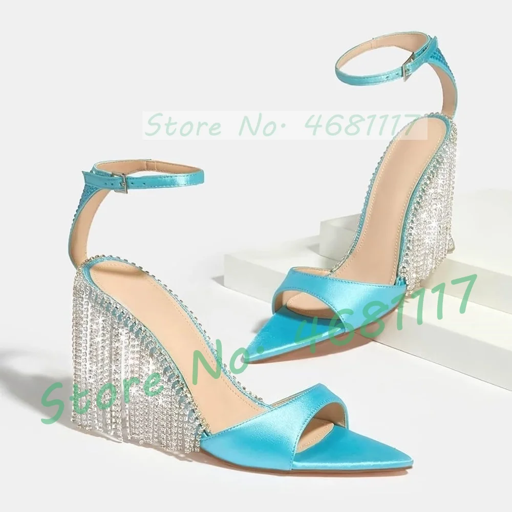 Crystal Fringe Satin Pointed Toe Sandals Women Luxury Ankle Strap Blue High Heels Ladies Sexy Summer Sparkly Big Size Sandals
