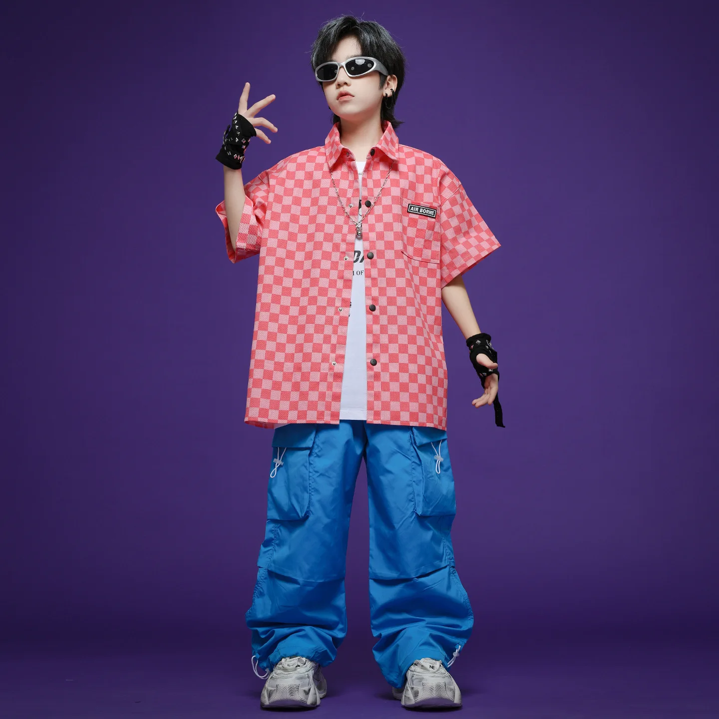 

Kid Kpop Hip Hop Clothing Pink Checkered Short Sleeve Shirt BlueParachute Cargo Pants for Girl Boy Street Dance Costumes Clothes