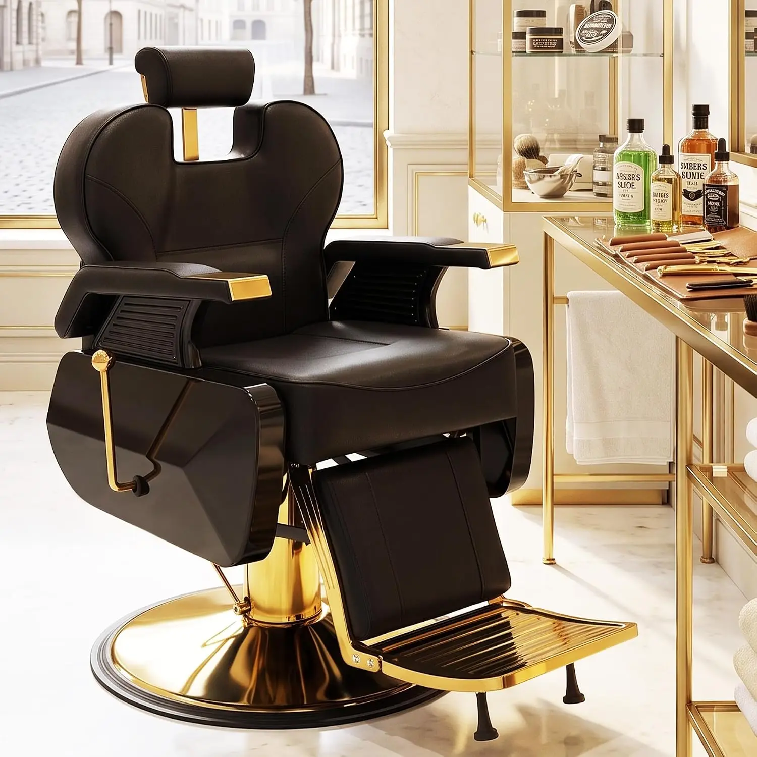 Black Gold Barber Chair Professional Reclining Hydraulic Pump Salon Furniture, Customized
