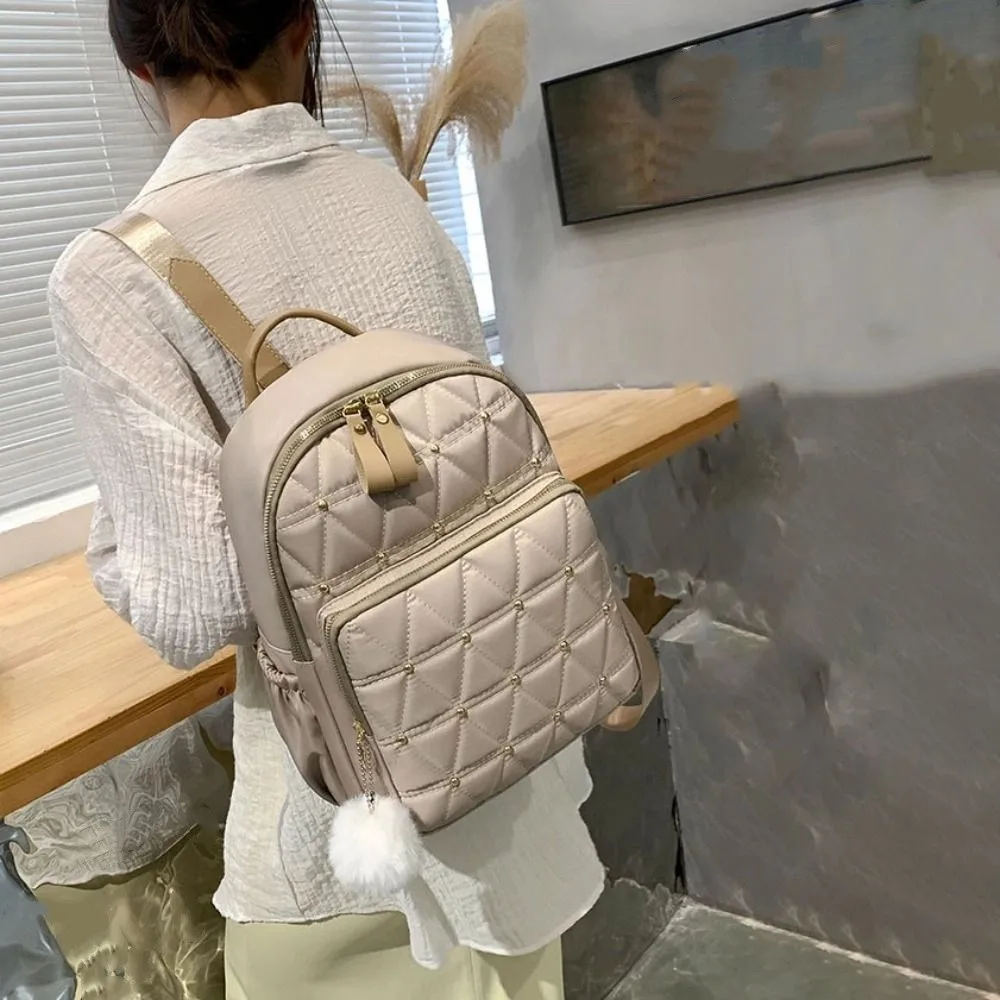 Fashion Classic Grid Shoulder Bag Rivet Elegant Women Backpack Handbag Vintage Nylon Travel Bag School Use