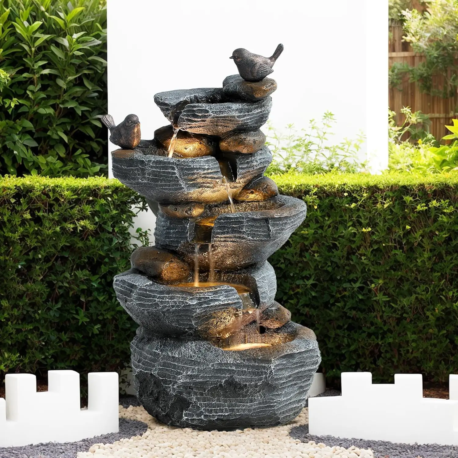 

Outdoor Cascading Bird Water Fountain, 5-Tier Floor Natural Looking Rock Fountains with LED Pump Birds Decor