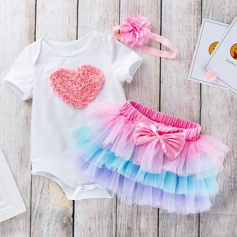 Newborn Clothes Set Romper + Skirts Heart Bow One Year Baby Girl Birthday Dress First 1st Baby Party Dress Infant Party Clothing