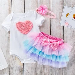 Newborn Clothes Set Romper + Skirts Heart Bow One Year Baby Girl Birthday Dress First 1st Baby Party Dress Infant Party Clothing